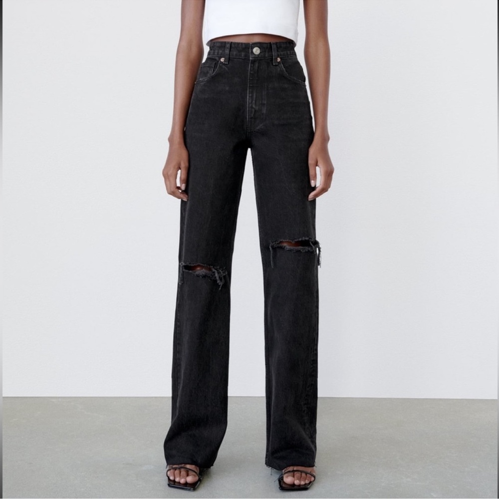 Zara Black Ripped Wide Leg Jeans